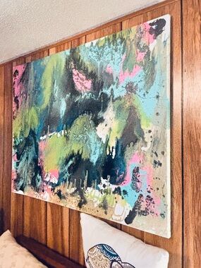Contemporary Abstract Canvas Art in Green, Blue & Pink
